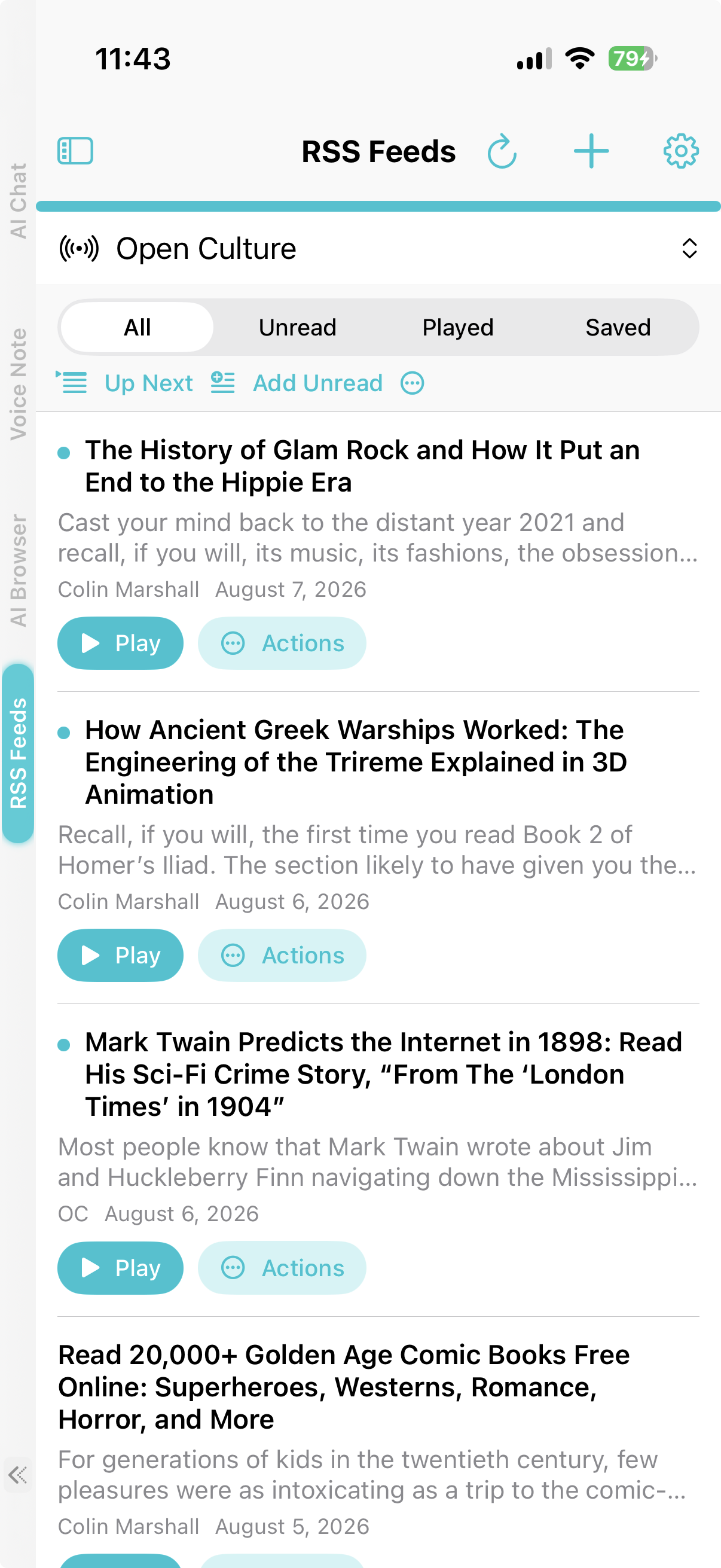 RSS feed articles ready to read or play on iPhone