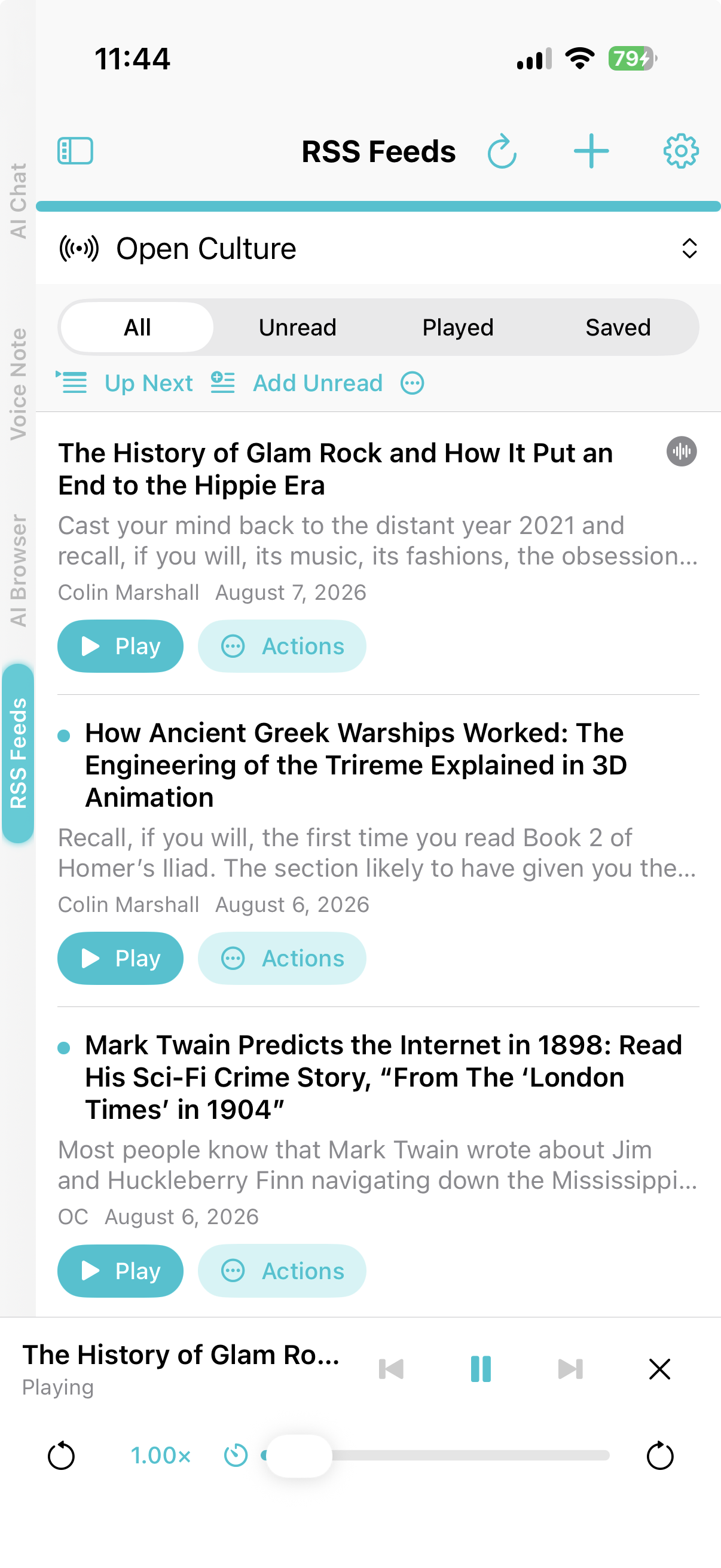 RSS feed list with an article playing in the shared mini-player on iPhone