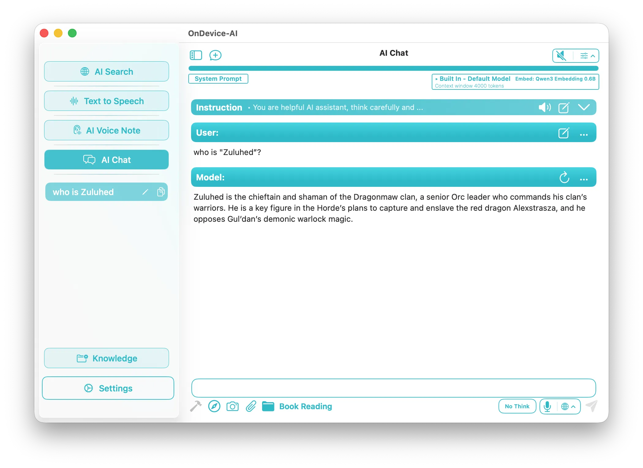 On Device AI AI Chat on Mac with a Knowledge Library attached, answering a question with the built-in default model and a local Qwen3 embedding model