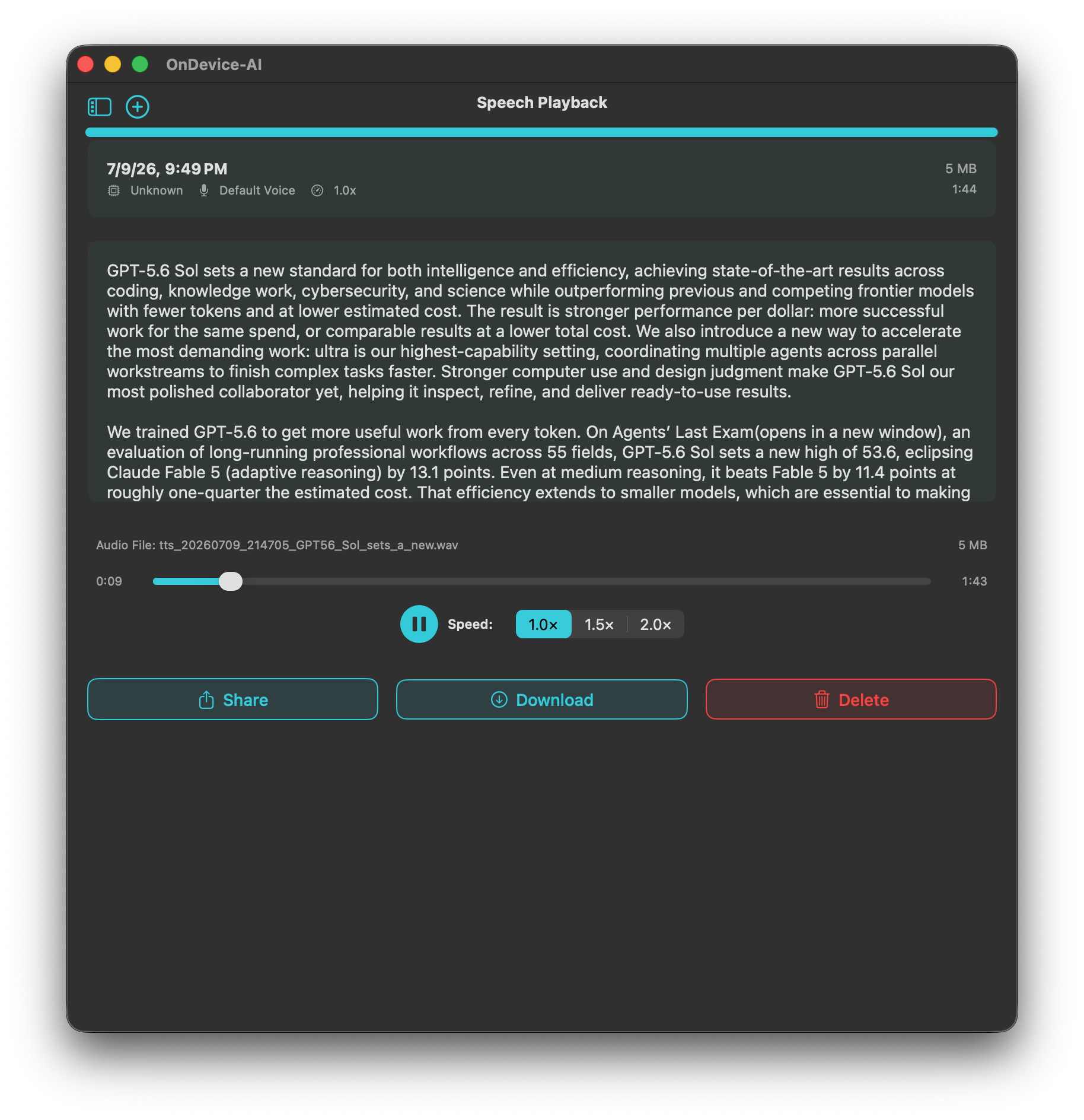 On Device AI Speech Playback screen on Mac