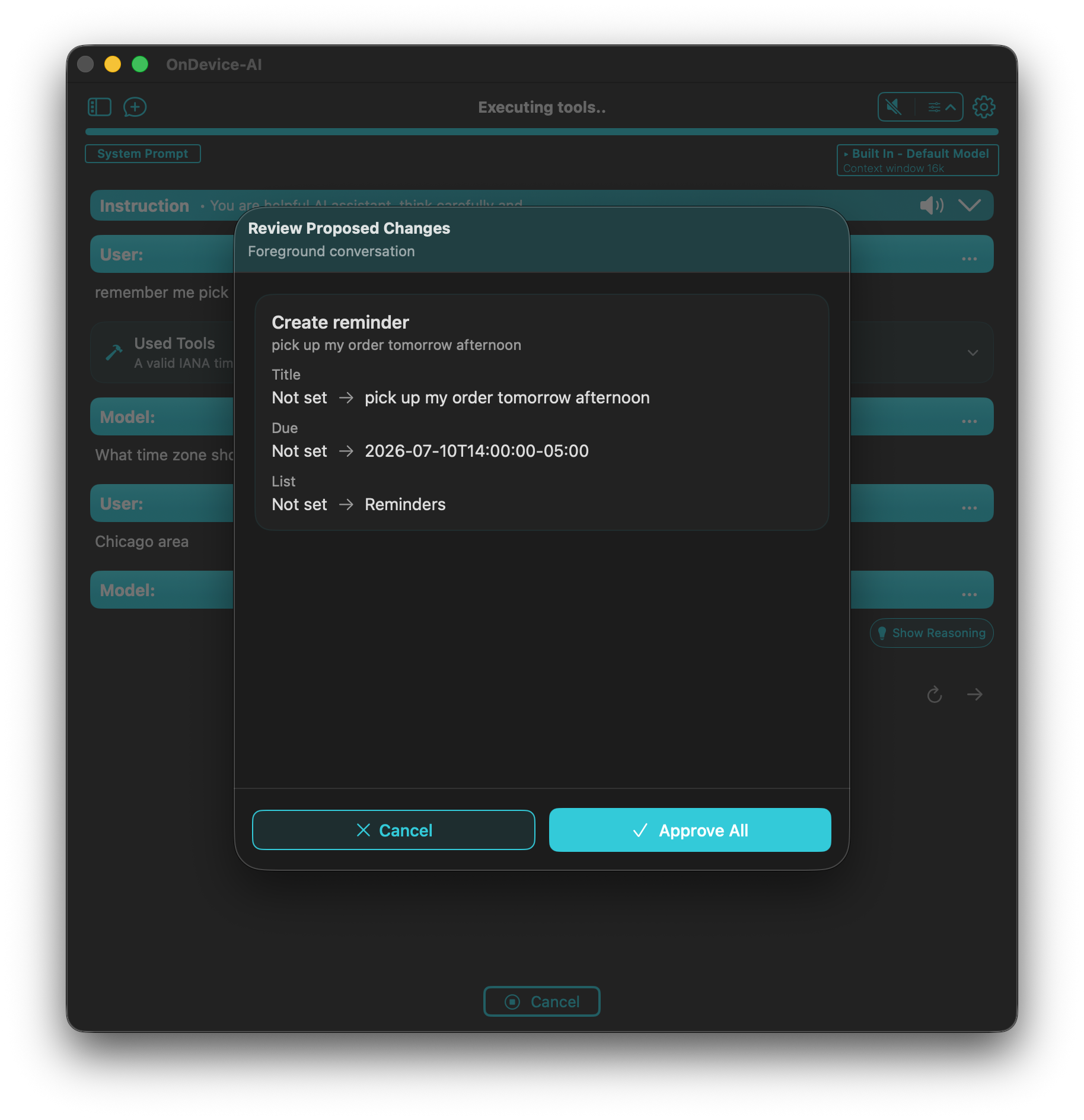 On Device AI reminder approval screen on Mac